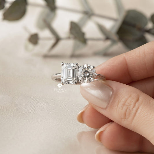 Emerald & Round Cut Toi et Moi Diamond Ring in Silver, Gold, or Platinum – Finora Jewelry