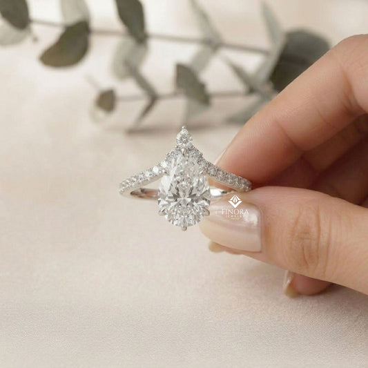 Pear Cut Diamond Engagement Ring with Accent Pear & Pavé Band in 925 Silver, 10K/14K Gold, or Platinum – Finora Jewelry