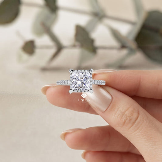 Princess Cut Moissanite Halo Engagement Ring – Elegant Square Solitaire for Proposal, Birthday or Anniversary Gift – 925 Silver / 10K / 14K Gold / Platinum – White / Yellow / Rose Gold – Finora Jewelry