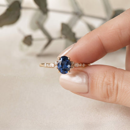 Oval Blue Sapphire and Diamond Cluster Ring – Dainty Gold Engagement Ring