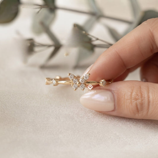 Butterfly Stacking Ring – Dainty Diamond Accent Band – Whimsical Gold Nature Jewelry