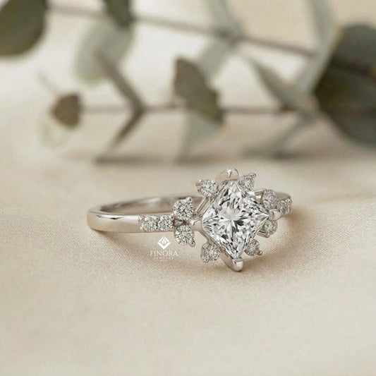 Princess Cut Diamond Cluster Engagement Ring – Regal Radiance in 925 Silver, 10K/14K Yellow, White & Rose Gold, or Platinum – Finora Elegant Snowflake-Inspired Design for Her