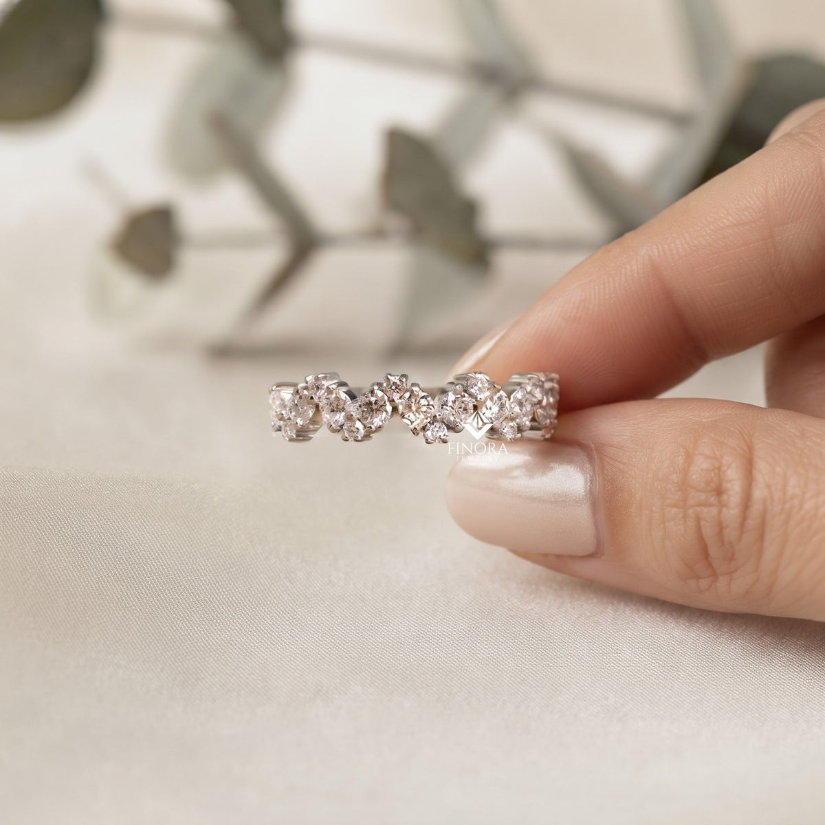 zig-zag moissanite half eternity wedding band, stackable ring - finora jewelry