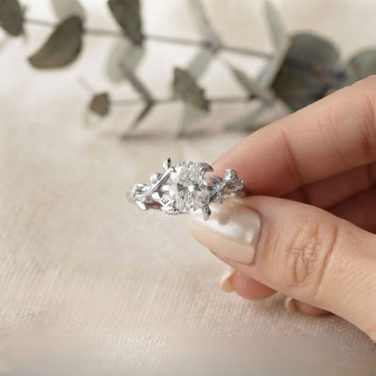 Oval Cut Moissanite Nature-Inspired Engagement Ring, Floral Vine Design – Finora Jewelry