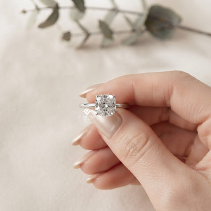 Cushion Cut Moissanite Solitaire Engagement Ring – Elegant 4-Prong Setting in White Gold, Yellow Gold, Rose Gold, or Platinum | Finora Jewelry
