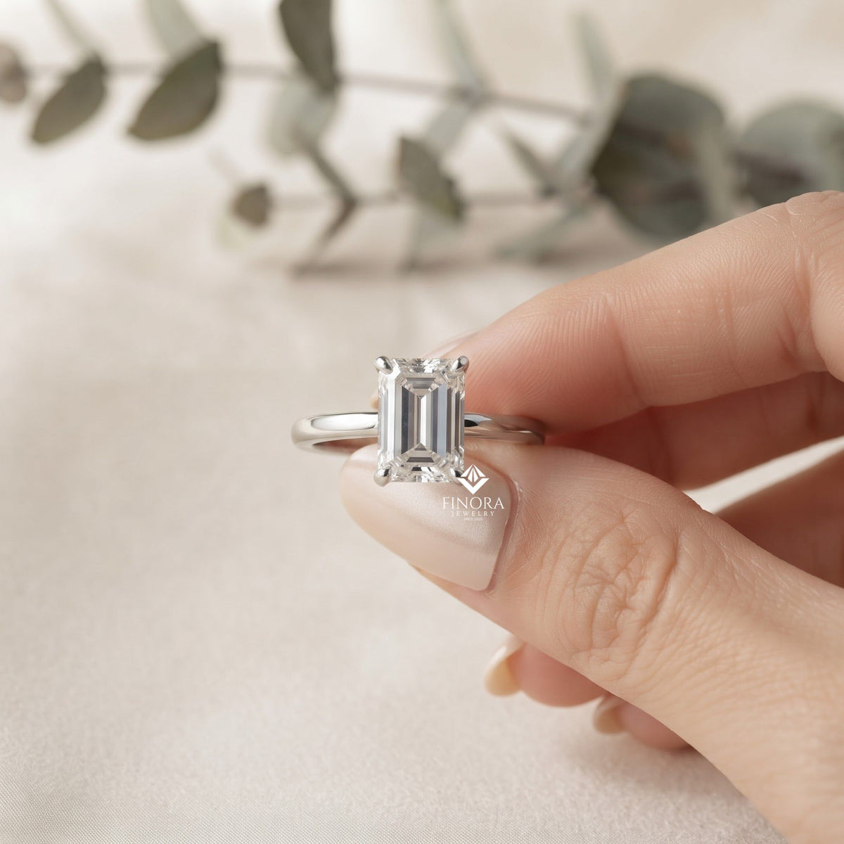 emerald cut moissanite solitaire engagement ring – modern classic for her – 925 silver / 10k & 14k gold / rose, yellow, white gold / platinum | finora jewelry