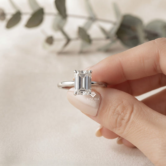 Emerald Cut Moissanite Solitaire Engagement Ring – Modern Classic for Her – 925 Silver / 10K & 14K Gold / Rose, Yellow, White Gold / Platinum | Finora Jewelry
