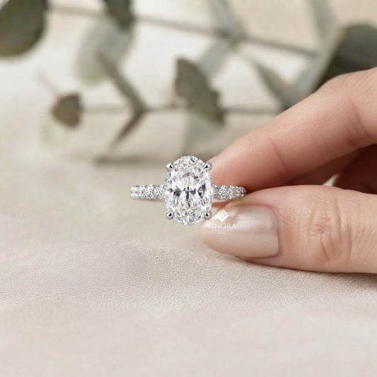 Oval Cut Diamond Solitaire with Hidden Halo and Pave Band - Luxury Fine Jewelry