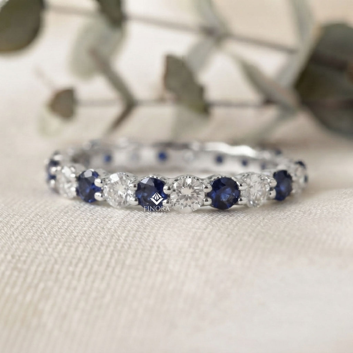 blue & colorless round cut moissanite full eternity wedding band, stackable ring – finora jewelry