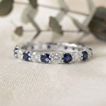 Blue & Colorless Round Cut Moissanite Full Eternity Wedding Band, Stackable Ring – Finora Jewelry