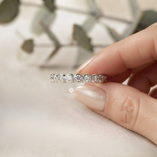 Bezel Set Diamond Eternity Band – Available in 925 Silver, 10K/14K Gold (Rose/White/Yellow), & Platinum By Finora Jewelry