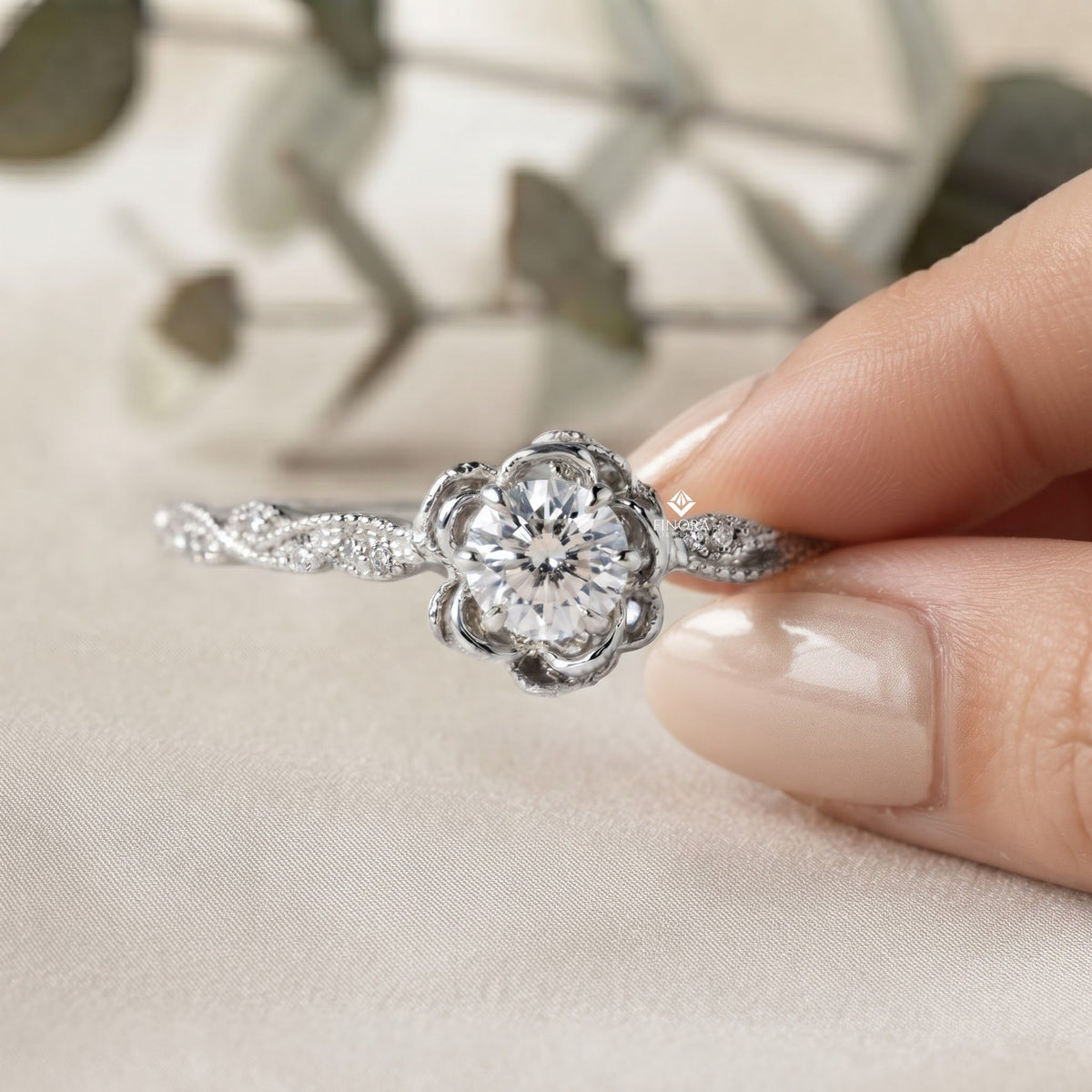 rose flower engagement ring –  botanical diamond vine band – romantic floral gold jewelry