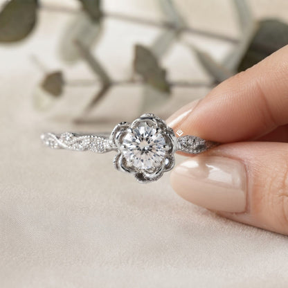 Rose Flower Engagement Ring –  Botanical Diamond Vine Band – Romantic Floral Gold Jewelry