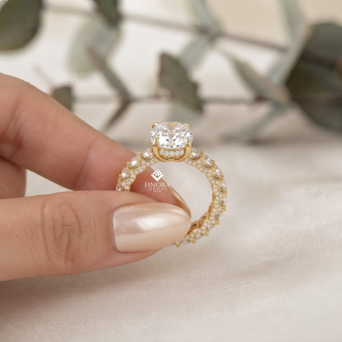 5ct oval cut lab grown diamond  solitaire eternity ring – pave band, dainty gold fine jewelry