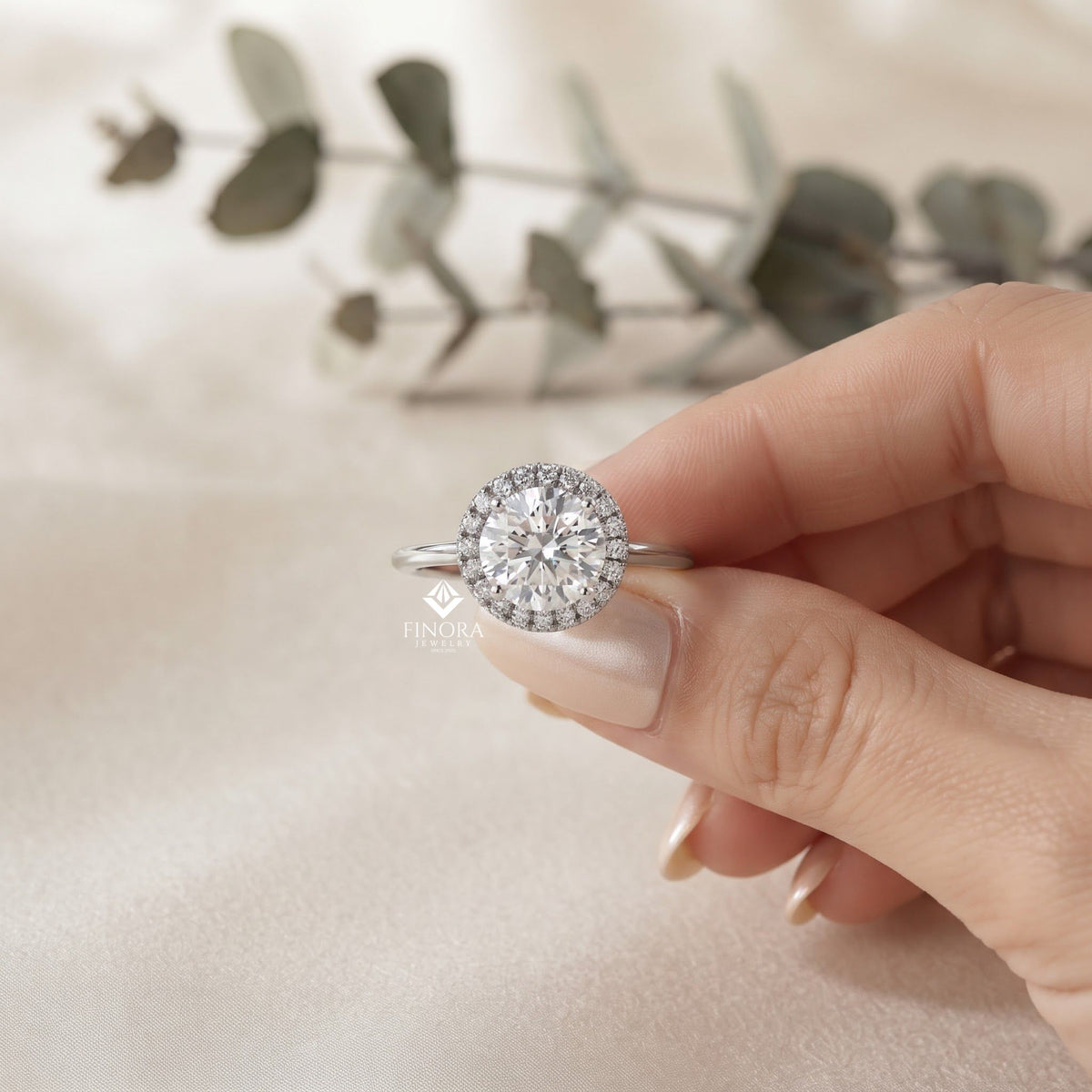 round halo moissanite engagement ring with pavé accent diamonds – timeless round cut sparkle | finora jewelry