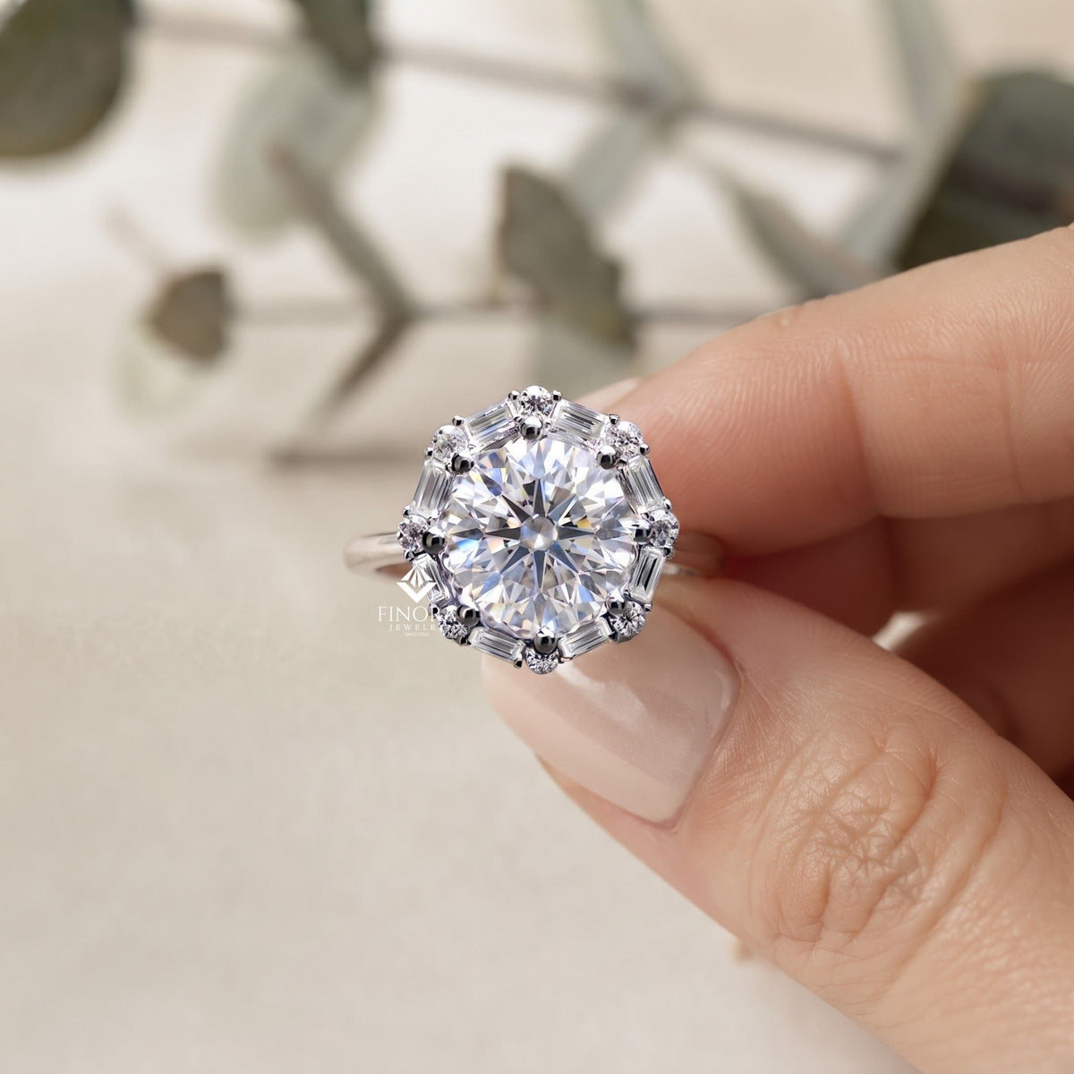 round cut moissanite halo engagement ring with baguette side stones in 925 silver, 10k & 14k gold – finora jewelry