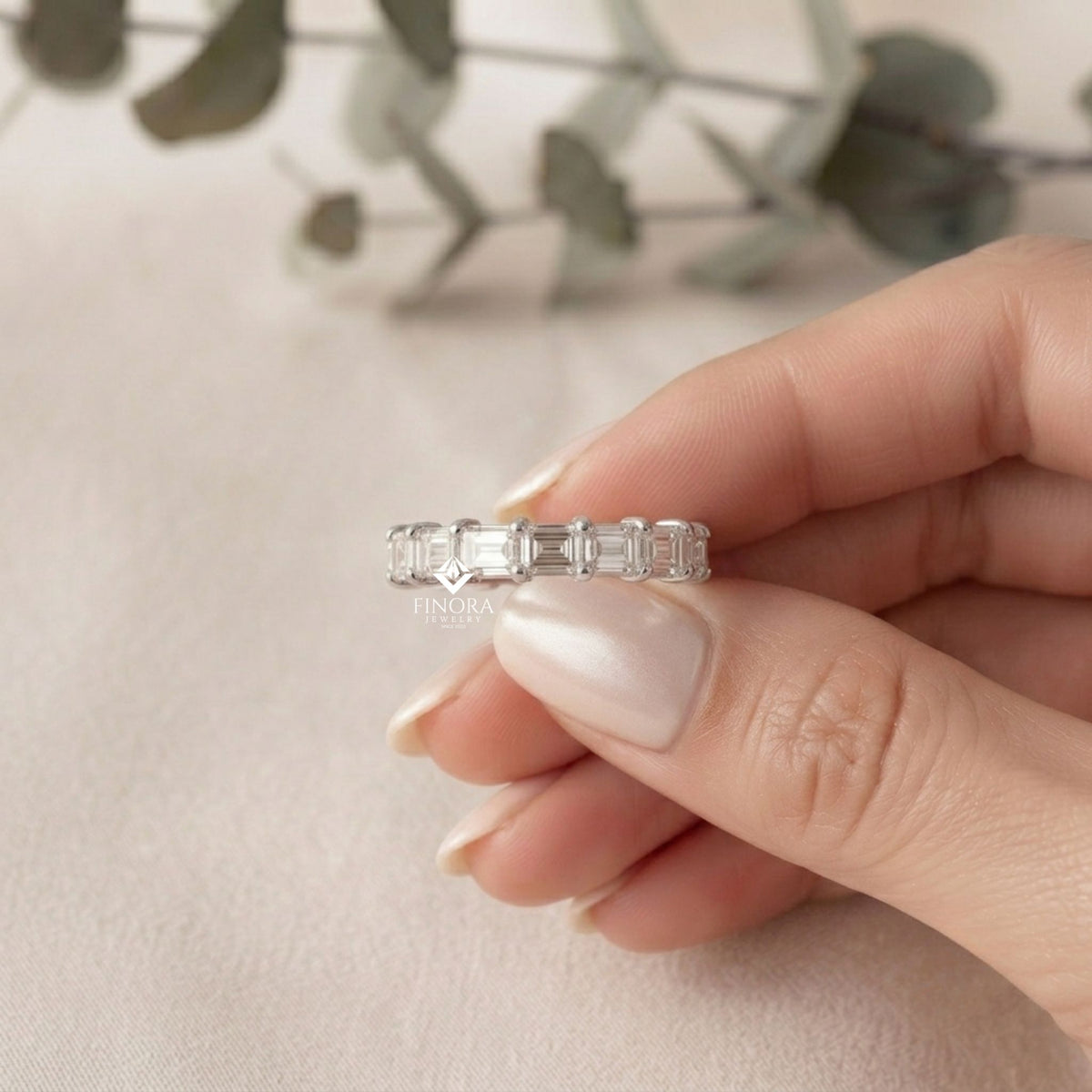 baguette cut moissanite eternity wedding band, stackable ring in 925 silver, 10k & 14k gold – finora jewelry