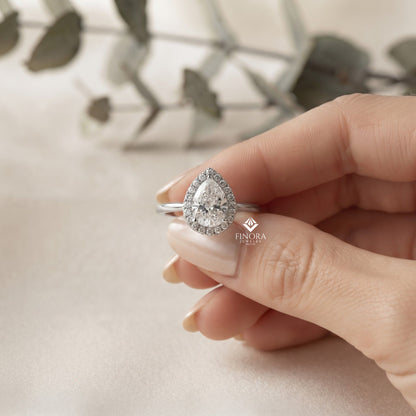 Pear Cut Moissanite Halo Engagement Ring – 925 Silver / 10K / 14K / Platinum / White / Yellow / Rose Gold – Finora Jewelry