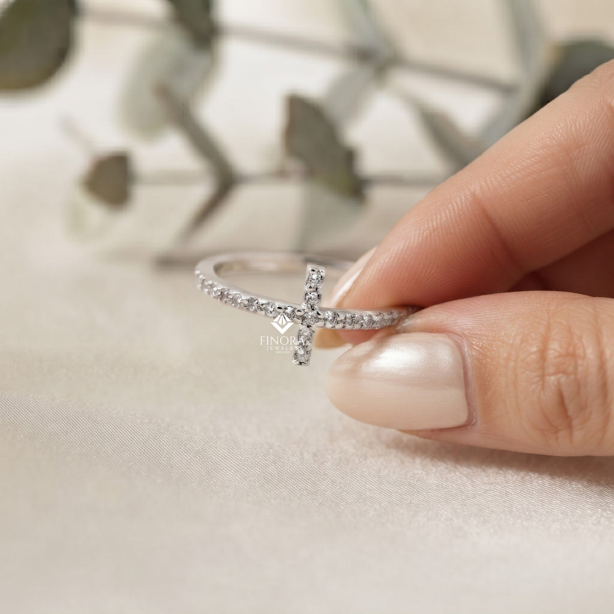 dainty diamond cross ring – minimalist horizontal cross band