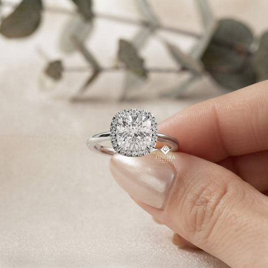 Cushion Cut Halo Moissanite Engagement Ring with Pavé Diamonds – Elegant Cushion Halo in White, Yellow, or Rose Gold | Finora Jewelry