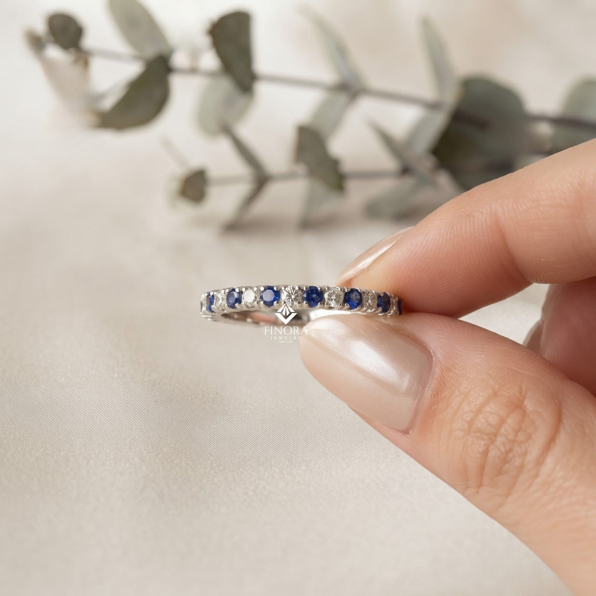 blue & white round cut moissanite half eternity wedding band, stackable ring – finora jewelry
