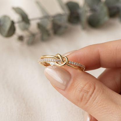 Rose Gold Love Knot Ring – Delicate Infinity Band with Pavé Stones