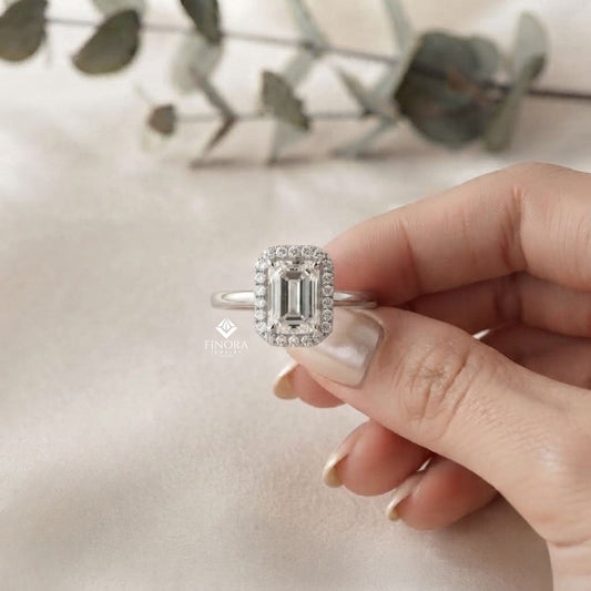 Emerald Cut Moissanite Halo Engagement Ring – Dainty Promise Ring – Anniversary / Birthday / Wedding Gift – 925 Silver / 10K / 14K / Platinum – White / Yellow / Rose Gold – Finora Jewelry