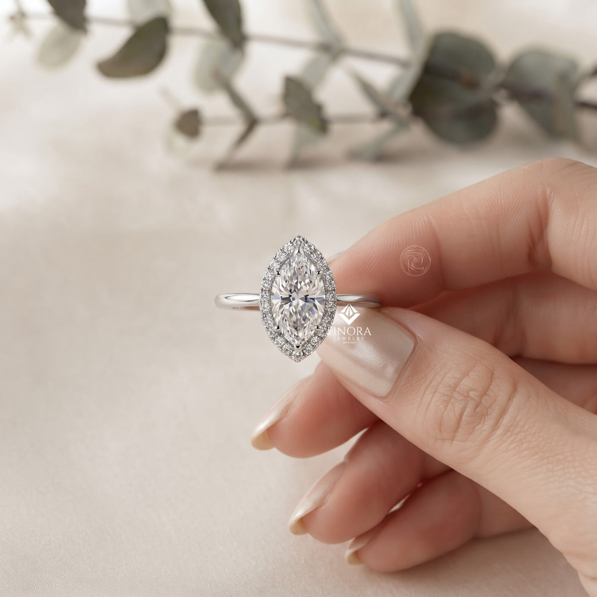 marquise cut moissanite halo engagement ring – 925 silver / 10k / 14k / platinum / white / yellow / rose gold – finora jewelry