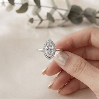 Marquise Cut Moissanite Halo Engagement Ring – 925 Silver / 10K / 14K / Platinum / White / Yellow / Rose Gold – Finora Jewelry