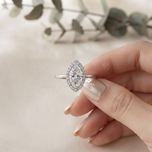 Marquise Cut Moissanite Halo Engagement Ring – 925 Silver / 10K / 14K / Platinum / White / Yellow / Rose Gold – Finora Jewelry