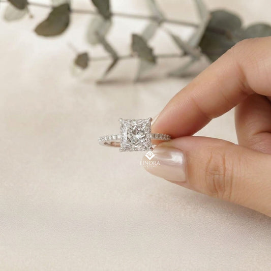 Princess Cut Moissanite Engagement Ring with Pavé Band – Sparkling Halo for Birthday, Promise, or Proposal Gift – Custom 925 Silver / 10K / 14K Gold / Platinum – White / Yellow / Rose Gold – Finora Exclusive