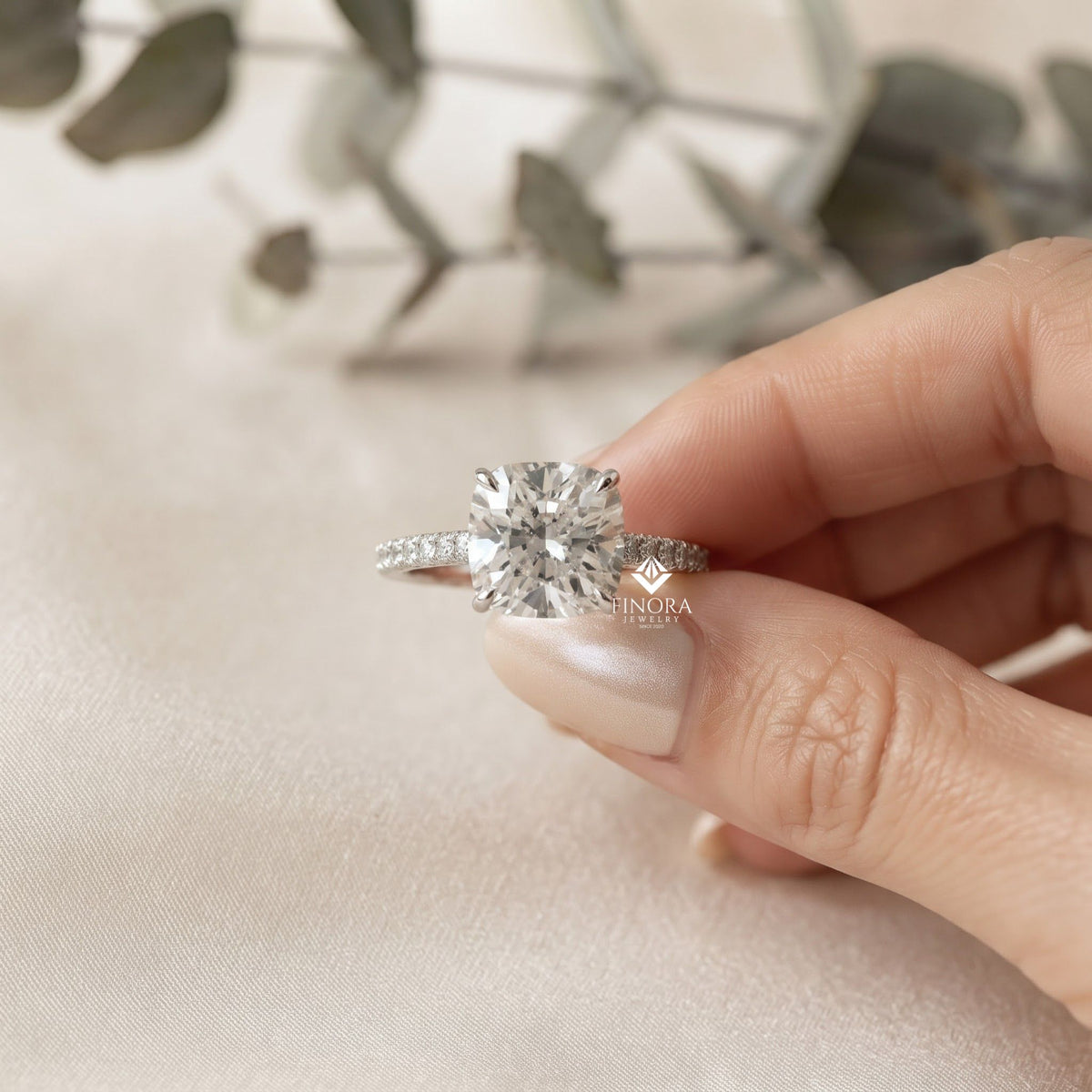 cushion cut moissanite engagement ring – pavé band – anniversary ring for her – 925 silver / 10k & 14k gold / platinum | finora jewelry