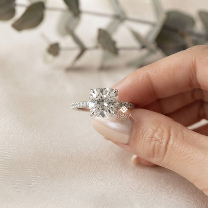 Cushion Cut Moissanite Engagement Ring – Pavé Band – Anniversary Ring for Her – 925 Silver / 10K & 14K Gold / Platinum | Finora Jewelry