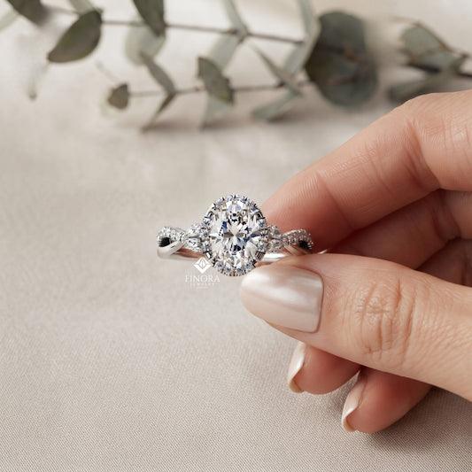 Finora Jewelry Oval Halo Diamond Engagement Ring – Twisted Pavé Band with Pear Accents – Available in 10K, 14K Gold (White, Rose, Yellow), 925 Sterling Silver & Platinum