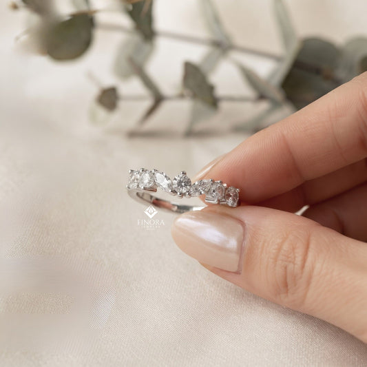 Marquise & Round Diamond Crown Ring – Regal Wedding or Anniversary Band for Her – Finora Luxe Sparkle