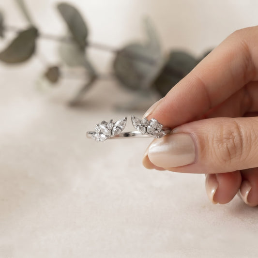 Marquise & Round Cut Moissanite Open Wedding Band, Leaf Inspired Stackable Ring – Finora Jewelry
