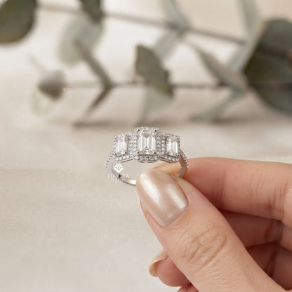 Emerald Cut Moissanite Three-Stone Engagement Ring with Halo | 2.11 CT | 925 Silver, 10K & 14K Gold