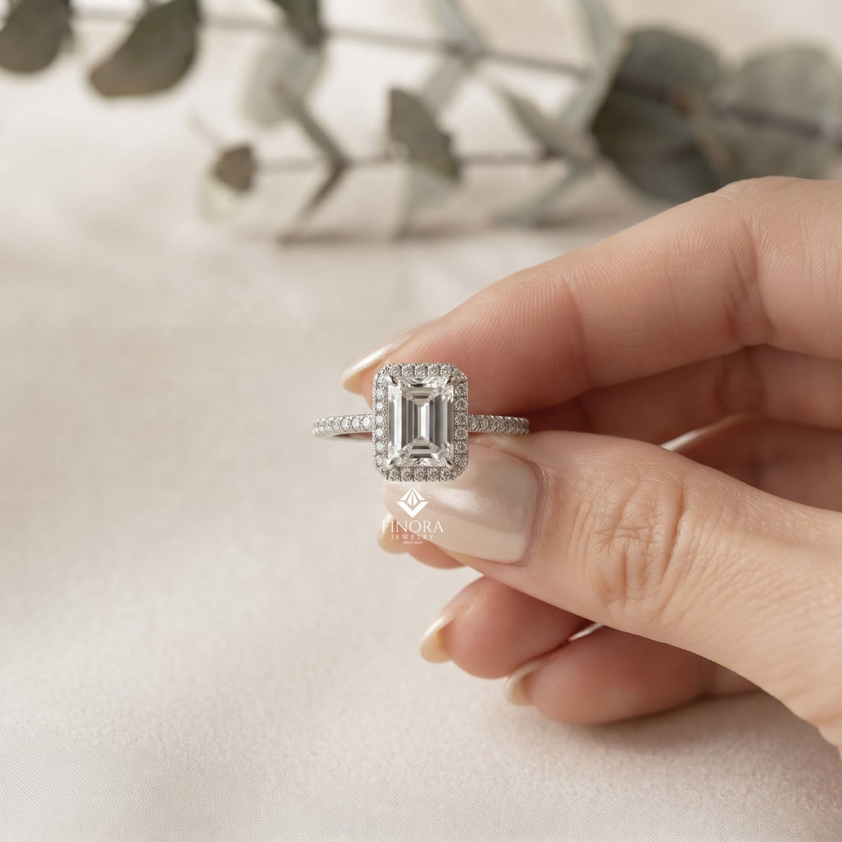 emerald cut halo ring with diamond accents by finora jewelry
