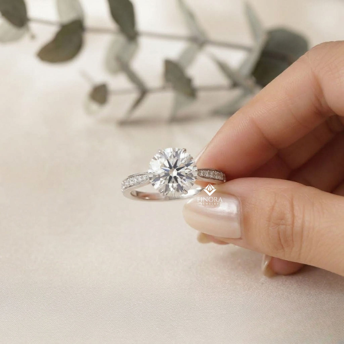 brilliant round cut engagement ring with pavé diamond band – ideal birthday gift or proposal ring – classic elegance in sterling silver, 10k/14k gold, or platinum – finora luxe edition