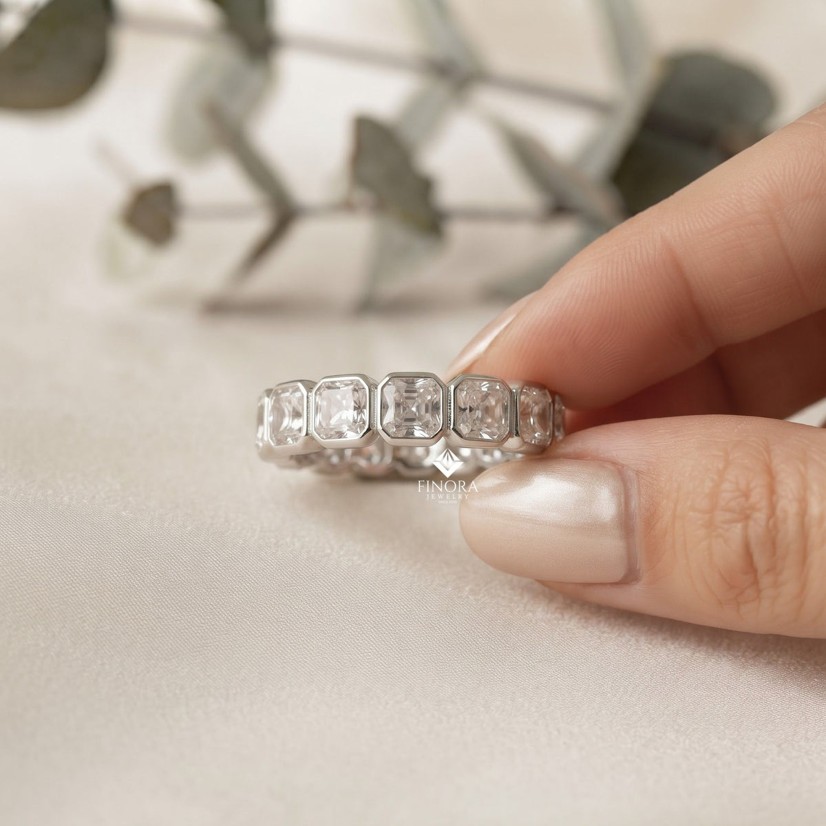 asscher cut moissanite eternity wedding band, luxury statement ring – finora jewelry