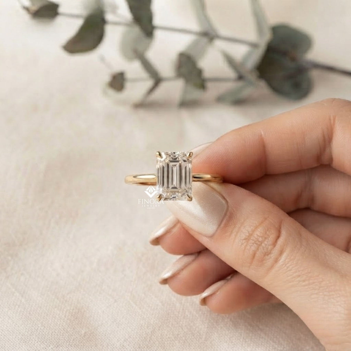 emerald cut colorless moissanite ring  –  minimalist bridal jewelry