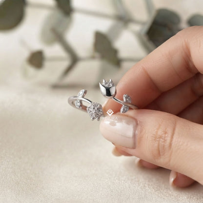 Dual Tulip Bypass Ring – Adjustable Floral Diamond Ring –  Minimalist Gold Botanical Jewelry