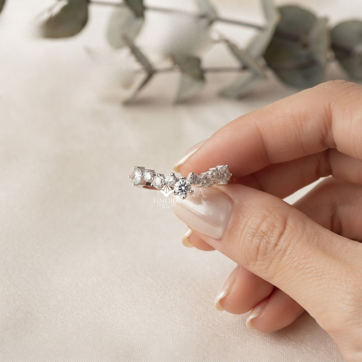 round cut diamond curved wedding band, contour stackable ring – finora jewelry