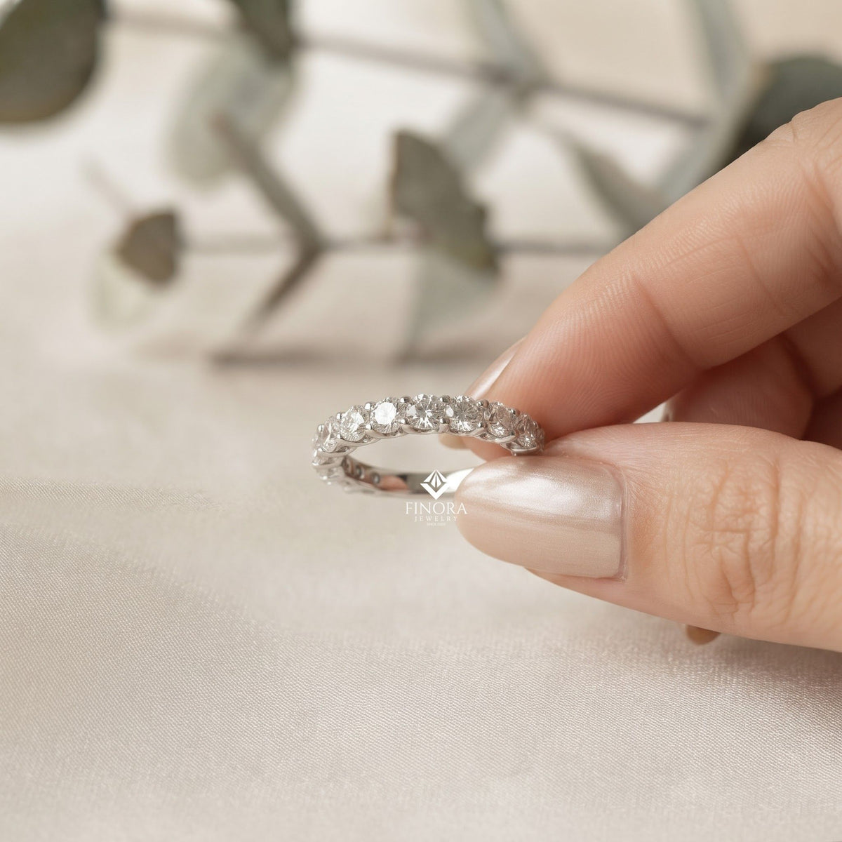 classic round cut moissanite half eternity wedding band, stackable minimal ring – finora jewelry