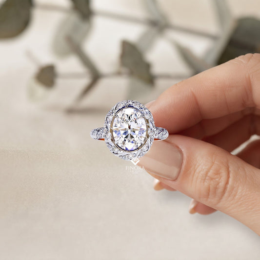 Floral Halo Diamond Engagement Ring – Intricate Swirl Pavé Design in White Gold or Platinum – Nature-Inspired Elegance – Vintage Glamour Statement Ring