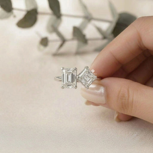 Two-Stone Emerald Square & Radiant Cut Diamond Open Ring in 925 Silver, 10K/14K Gold, or Platinum – Finora Jewelry