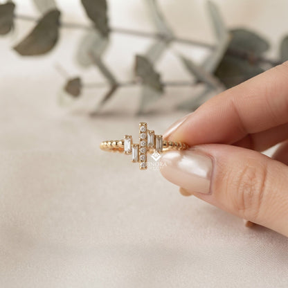 Baguette Cluster Stacking Ring – Minimalist Diamond Bar Ring –  Dainty Gold Bead Band