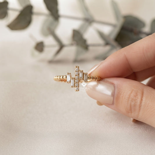 Baguette Cluster Stacking Ring – Minimalist Diamond Bar Ring –  Dainty Gold Bead Band