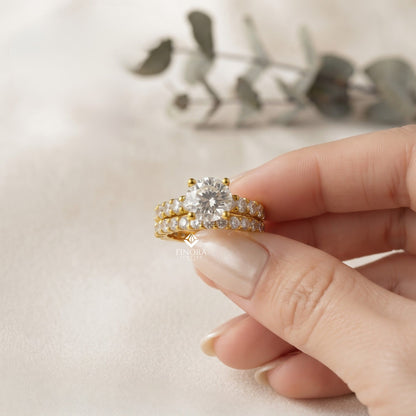 Round Cut Lab Grown Diamond Solitaire Eternity Ring – Pave Band, Dainty Gold Fine Jewelry