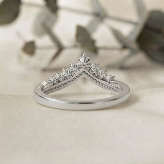 Chevron Crown Diamond Wedding Band – Milgrain V-Shape Tiara Design in 925 Silver, 10K/14K Rose, White & Yellow Gold, or Platinum – Finora Vintage Sparkle for Her